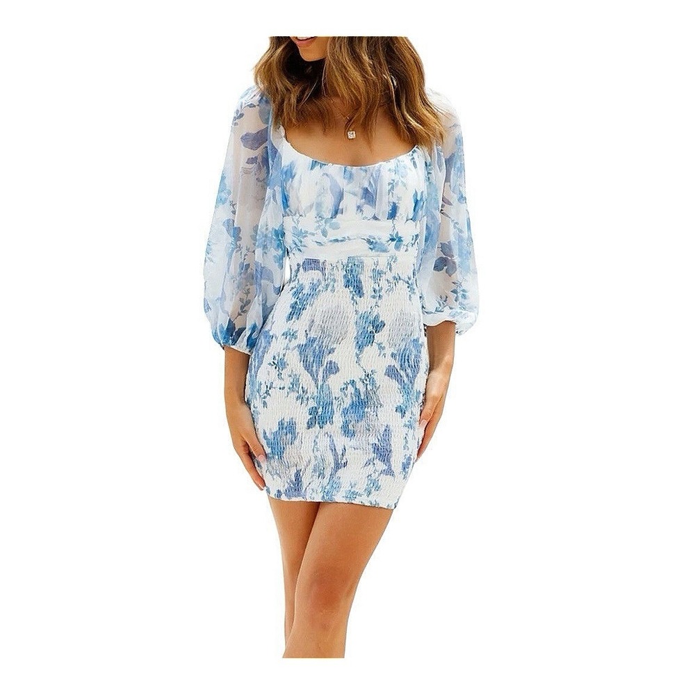 Hello Molly Blue White Floral Smocked Mini Dress Tie Back Sheer Sleeve XS